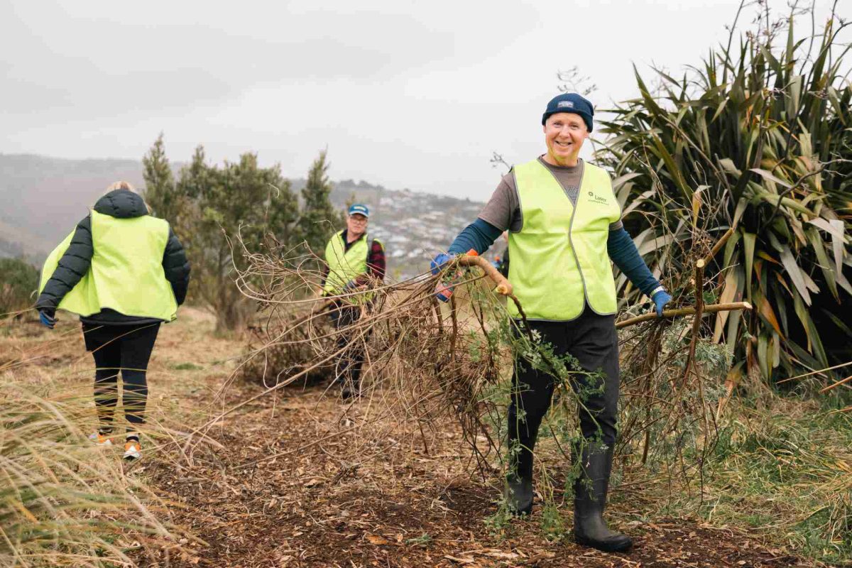 Smiling volunteer carrying branches while helping with a clean-up activity