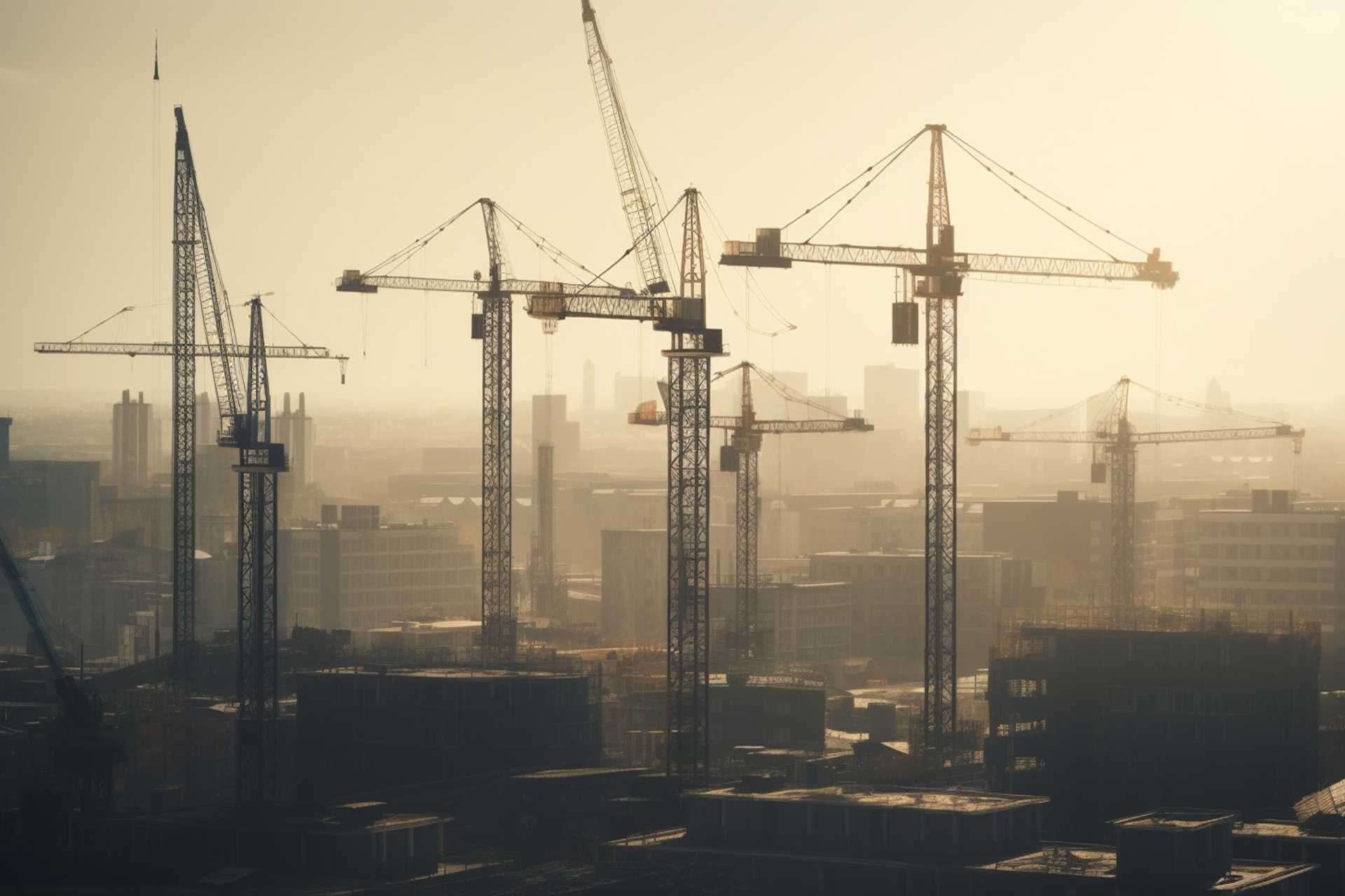 Construction cranes over city buildings during sunset